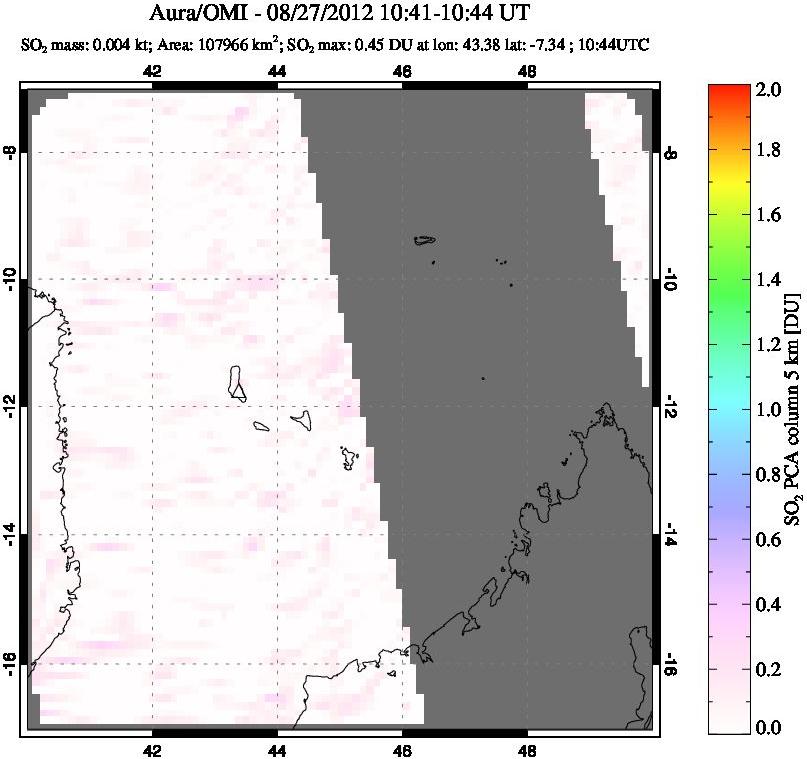 A sulfur dioxide image over Comoro Islands on Aug 27, 2012.