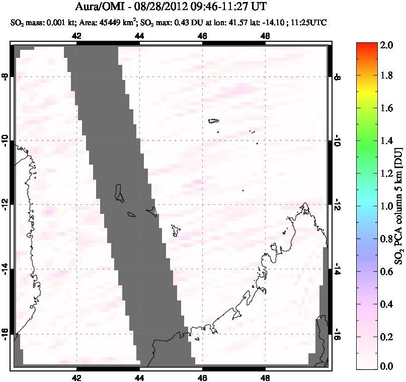 A sulfur dioxide image over Comoro Islands on Aug 28, 2012.