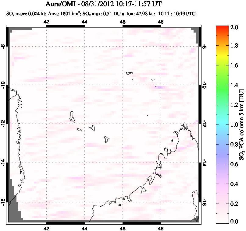 A sulfur dioxide image over Comoro Islands on Aug 31, 2012.
