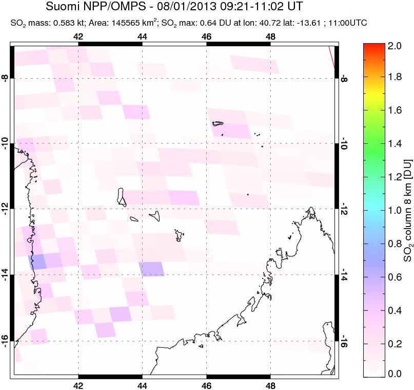 A sulfur dioxide image over Comoro Islands on Aug 01, 2013.