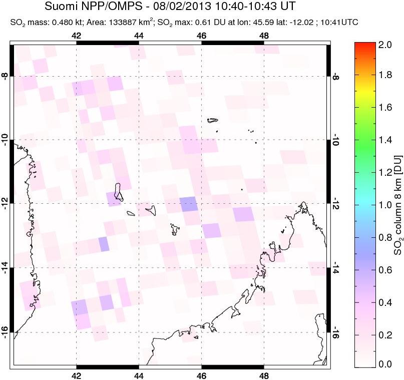 A sulfur dioxide image over Comoro Islands on Aug 02, 2013.
