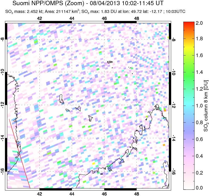 A sulfur dioxide image over Comoro Islands on Aug 04, 2013.