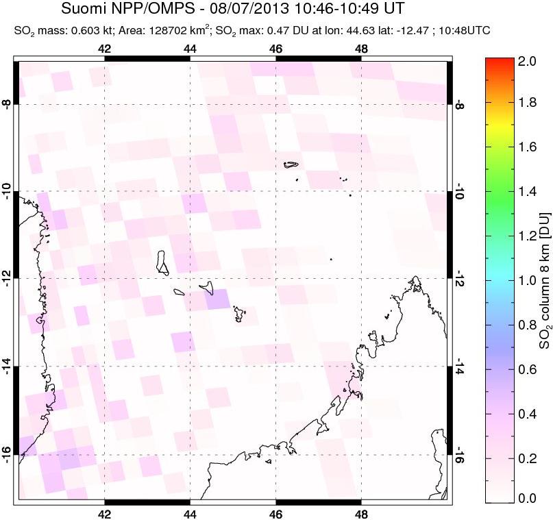 A sulfur dioxide image over Comoro Islands on Aug 07, 2013.