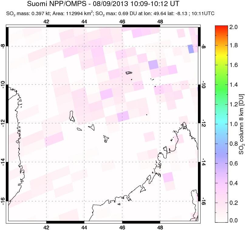 A sulfur dioxide image over Comoro Islands on Aug 09, 2013.