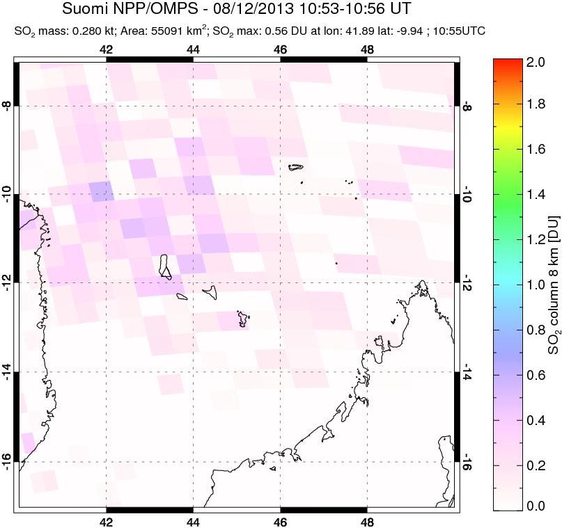A sulfur dioxide image over Comoro Islands on Aug 12, 2013.