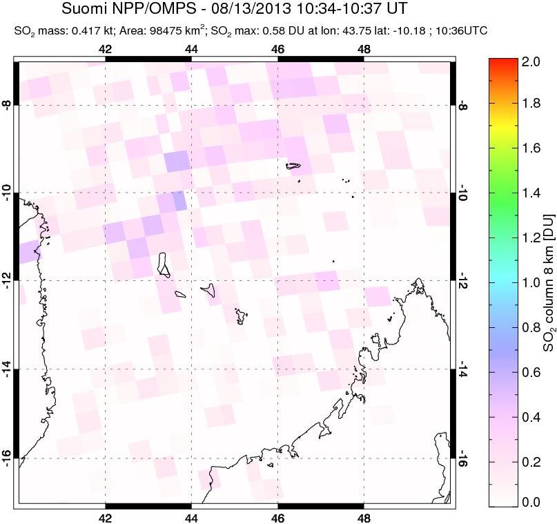 A sulfur dioxide image over Comoro Islands on Aug 13, 2013.