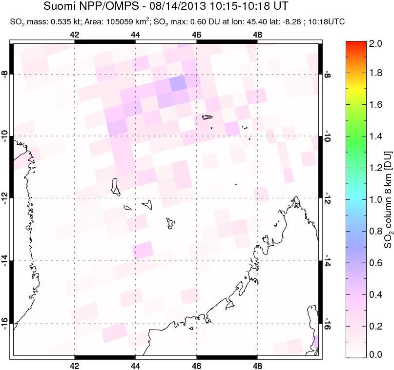 A sulfur dioxide image over Comoro Islands on Aug 14, 2013.