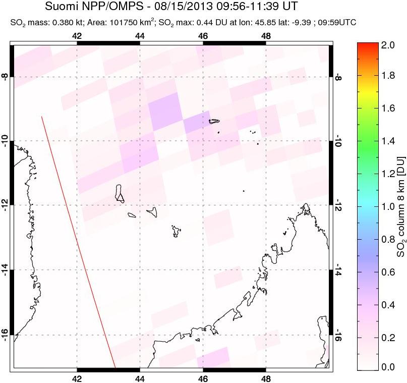 A sulfur dioxide image over Comoro Islands on Aug 15, 2013.