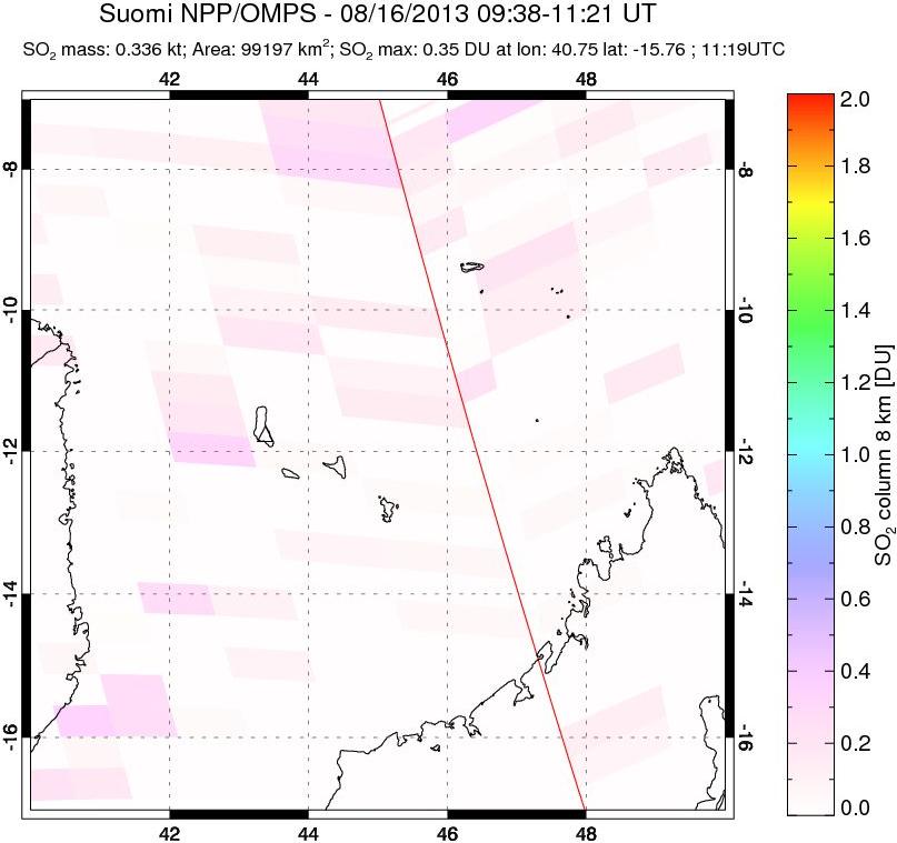 A sulfur dioxide image over Comoro Islands on Aug 16, 2013.