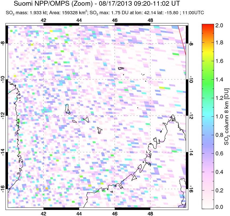 A sulfur dioxide image over Comoro Islands on Aug 17, 2013.