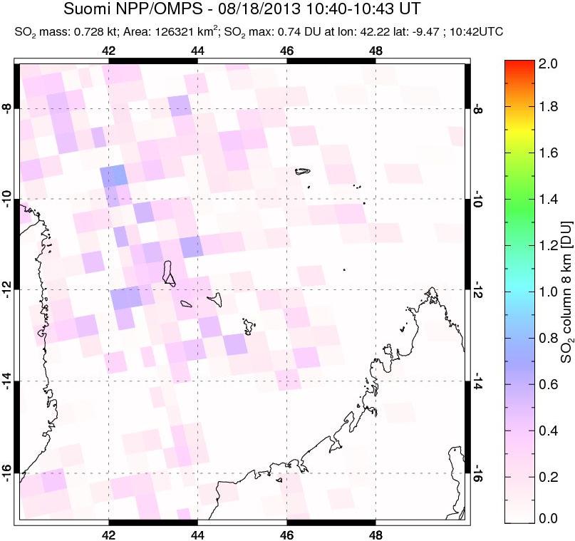 A sulfur dioxide image over Comoro Islands on Aug 18, 2013.