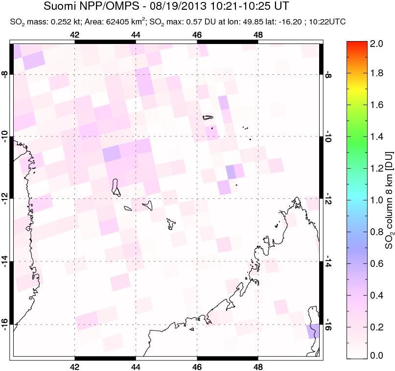 A sulfur dioxide image over Comoro Islands on Aug 19, 2013.