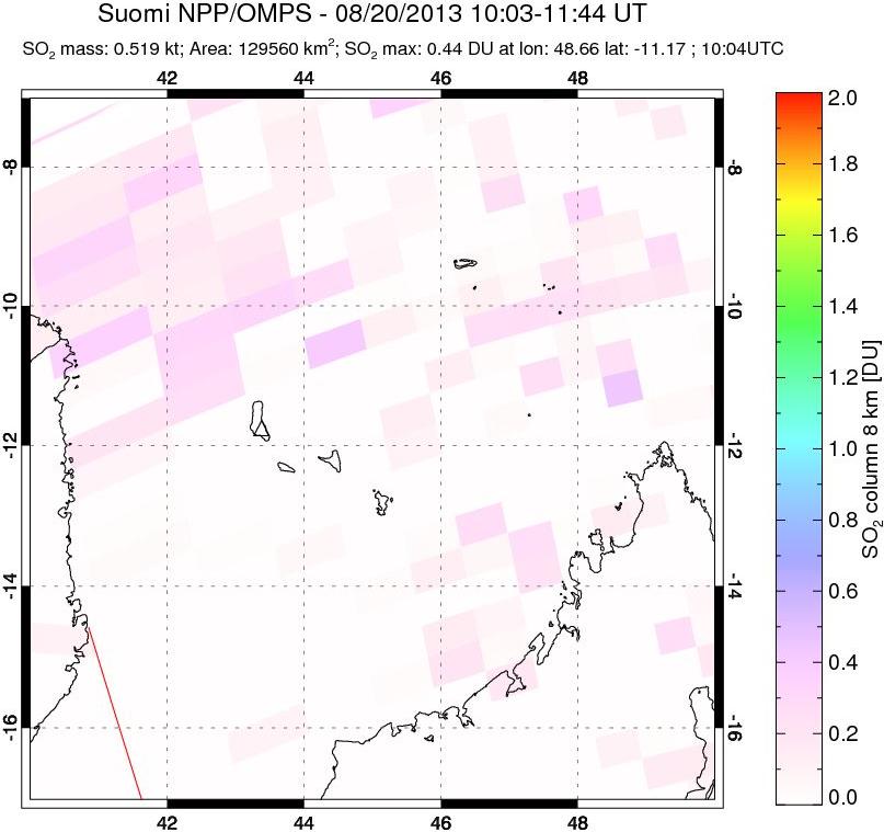 A sulfur dioxide image over Comoro Islands on Aug 20, 2013.
