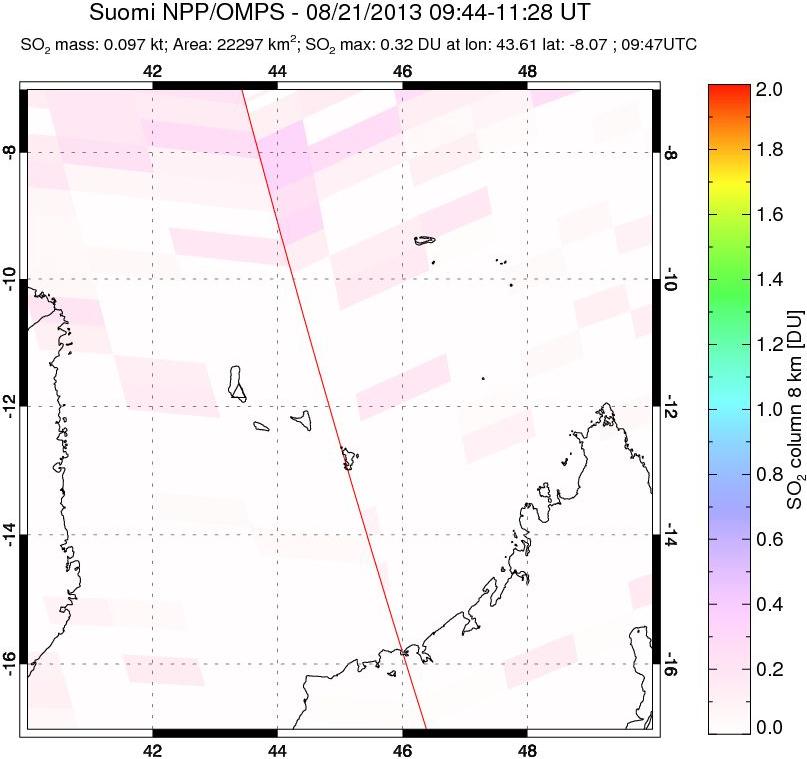 A sulfur dioxide image over Comoro Islands on Aug 21, 2013.