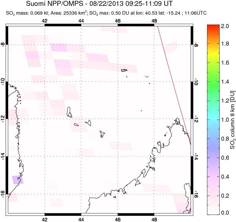 A sulfur dioxide image over Comoro Islands on Aug 22, 2013.