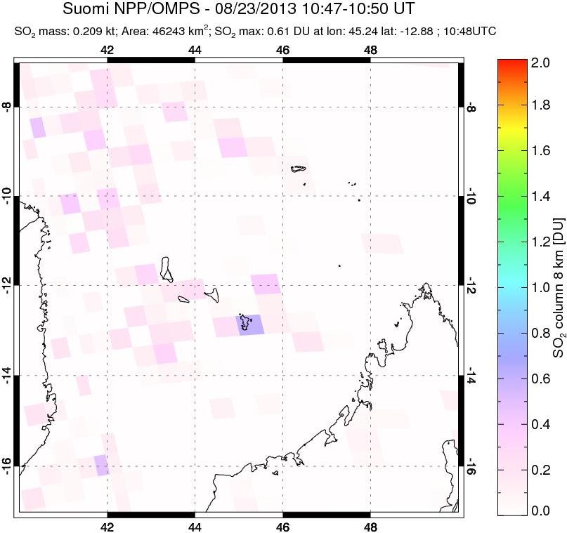 A sulfur dioxide image over Comoro Islands on Aug 23, 2013.
