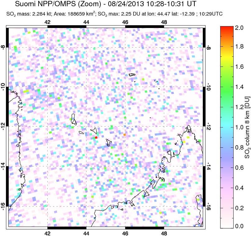 A sulfur dioxide image over Comoro Islands on Aug 24, 2013.