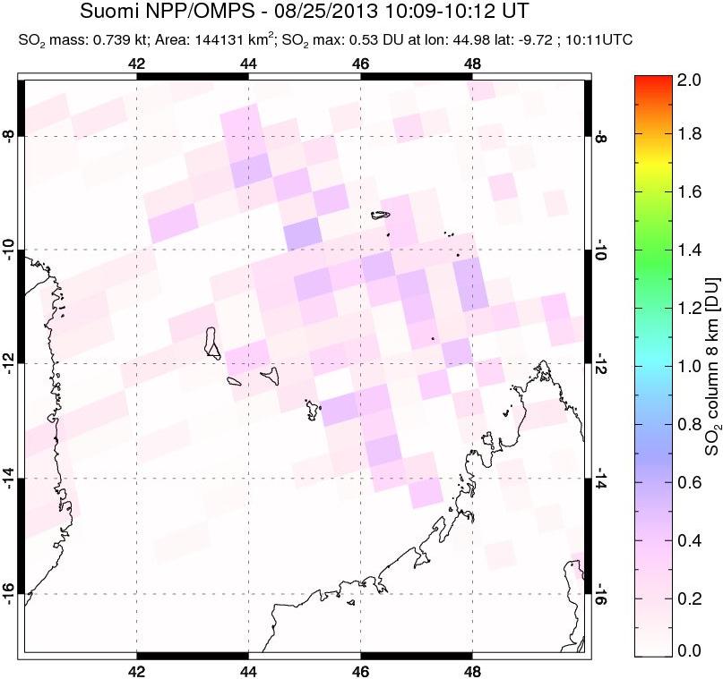 A sulfur dioxide image over Comoro Islands on Aug 25, 2013.