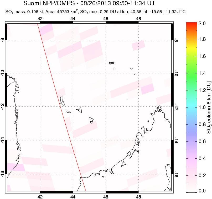 A sulfur dioxide image over Comoro Islands on Aug 26, 2013.