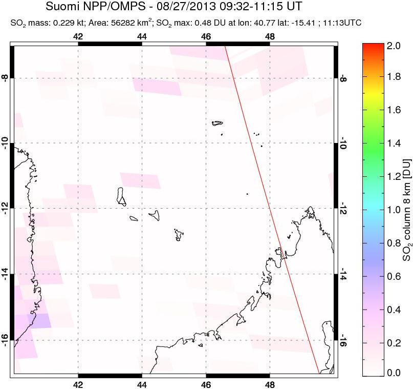 A sulfur dioxide image over Comoro Islands on Aug 27, 2013.