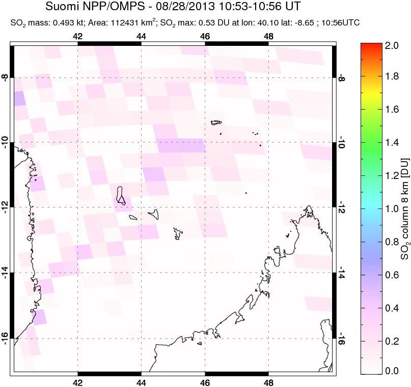 A sulfur dioxide image over Comoro Islands on Aug 28, 2013.
