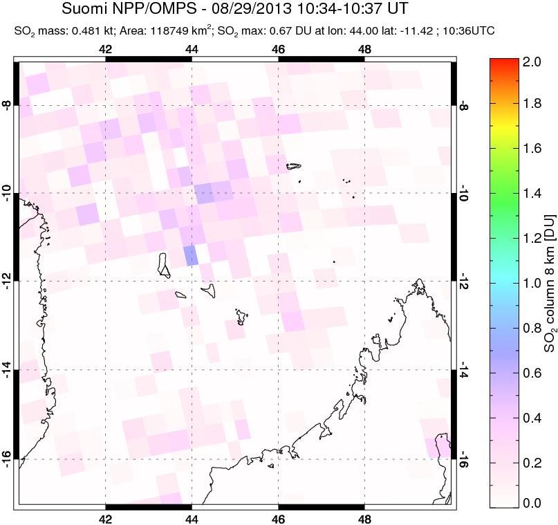 A sulfur dioxide image over Comoro Islands on Aug 29, 2013.