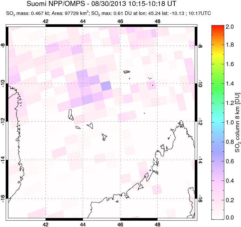 A sulfur dioxide image over Comoro Islands on Aug 30, 2013.