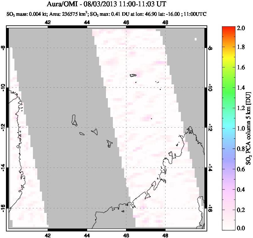 A sulfur dioxide image over Comoro Islands on Aug 03, 2013.