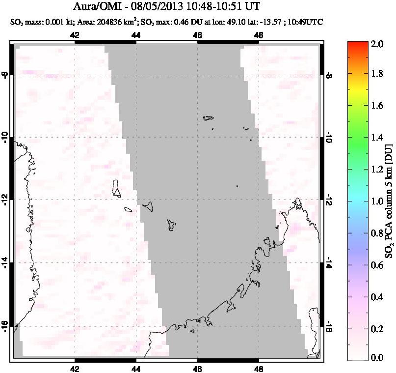 A sulfur dioxide image over Comoro Islands on Aug 05, 2013.