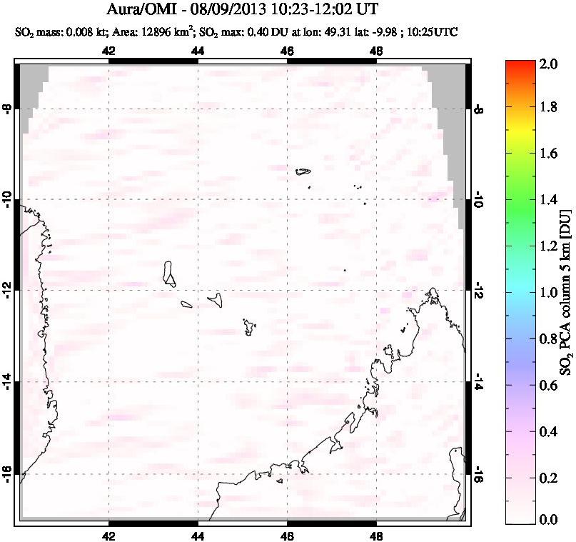 A sulfur dioxide image over Comoro Islands on Aug 09, 2013.