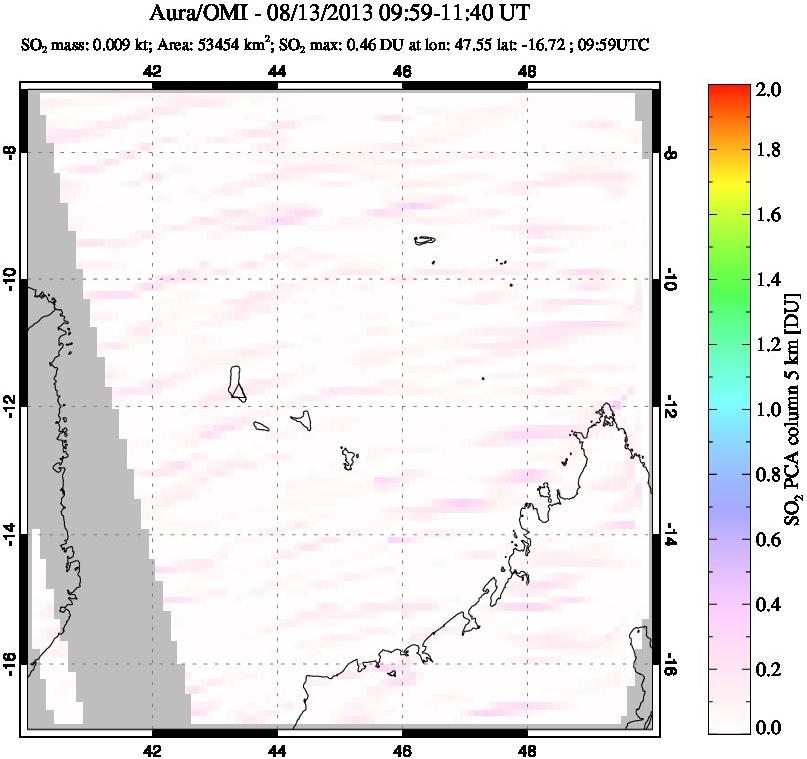 A sulfur dioxide image over Comoro Islands on Aug 13, 2013.
