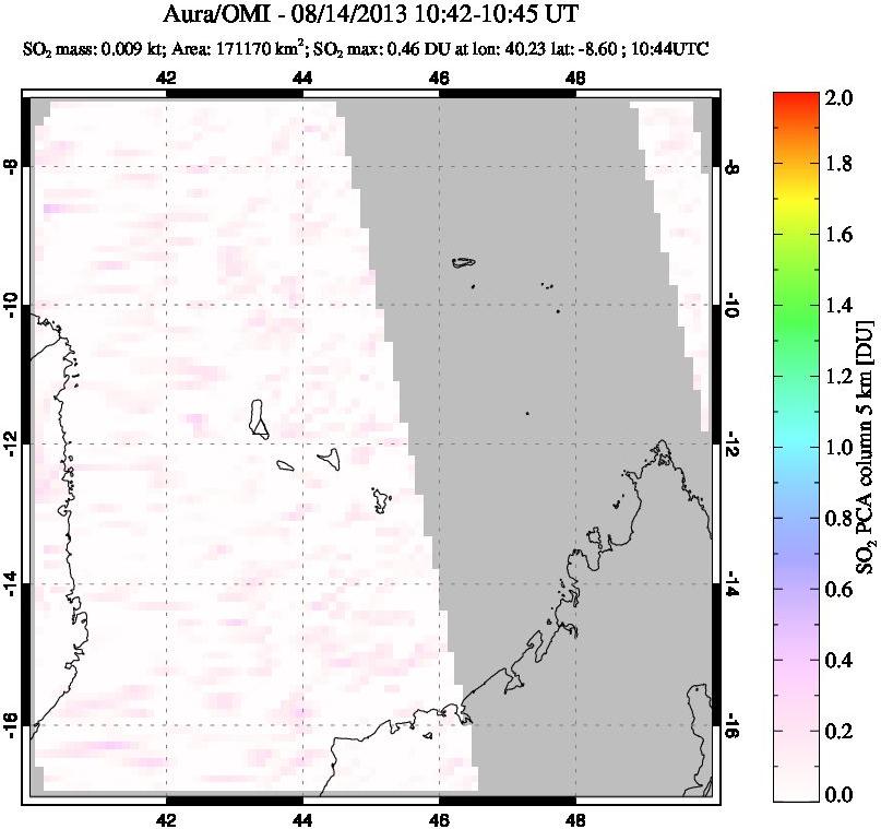 A sulfur dioxide image over Comoro Islands on Aug 14, 2013.