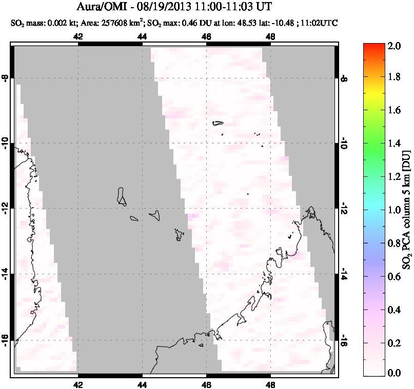 A sulfur dioxide image over Comoro Islands on Aug 19, 2013.