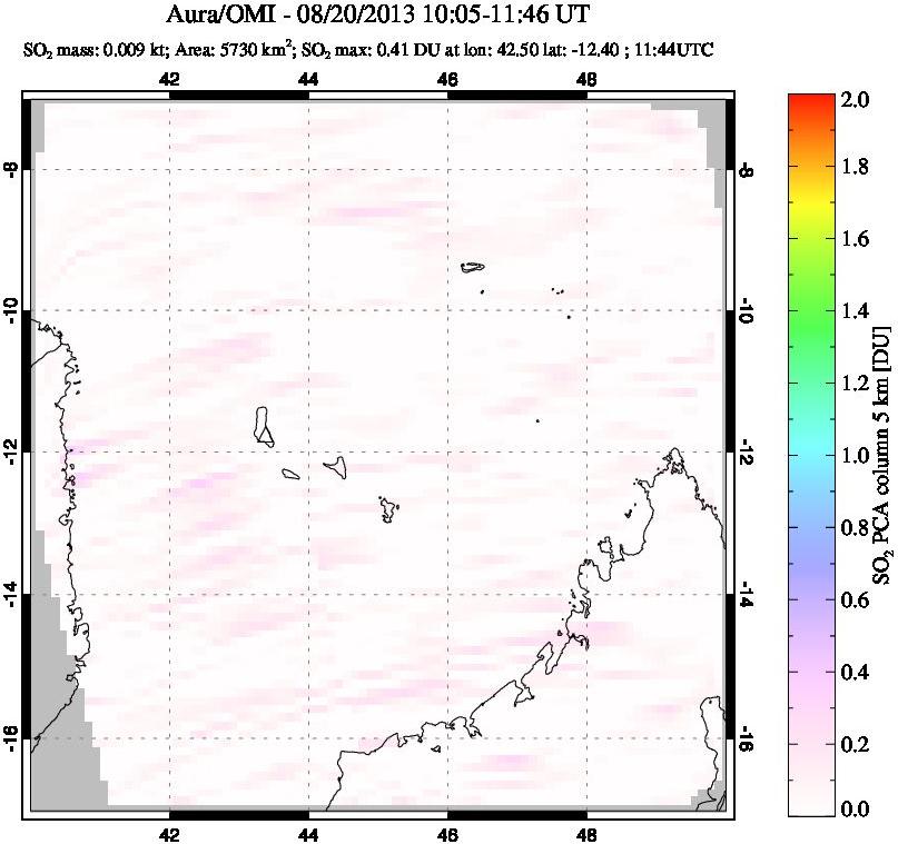 A sulfur dioxide image over Comoro Islands on Aug 20, 2013.