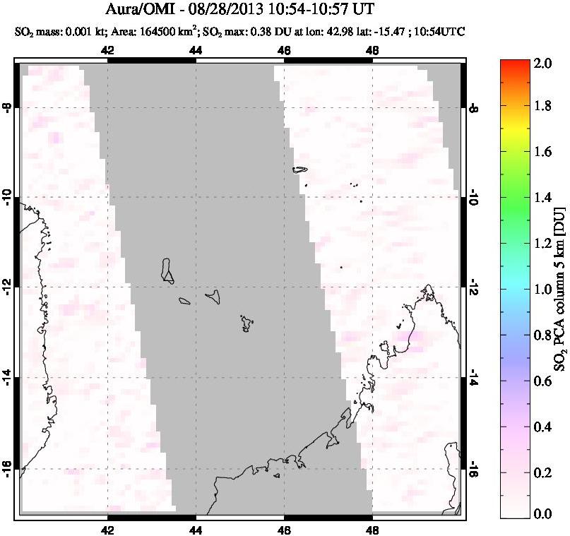 A sulfur dioxide image over Comoro Islands on Aug 28, 2013.