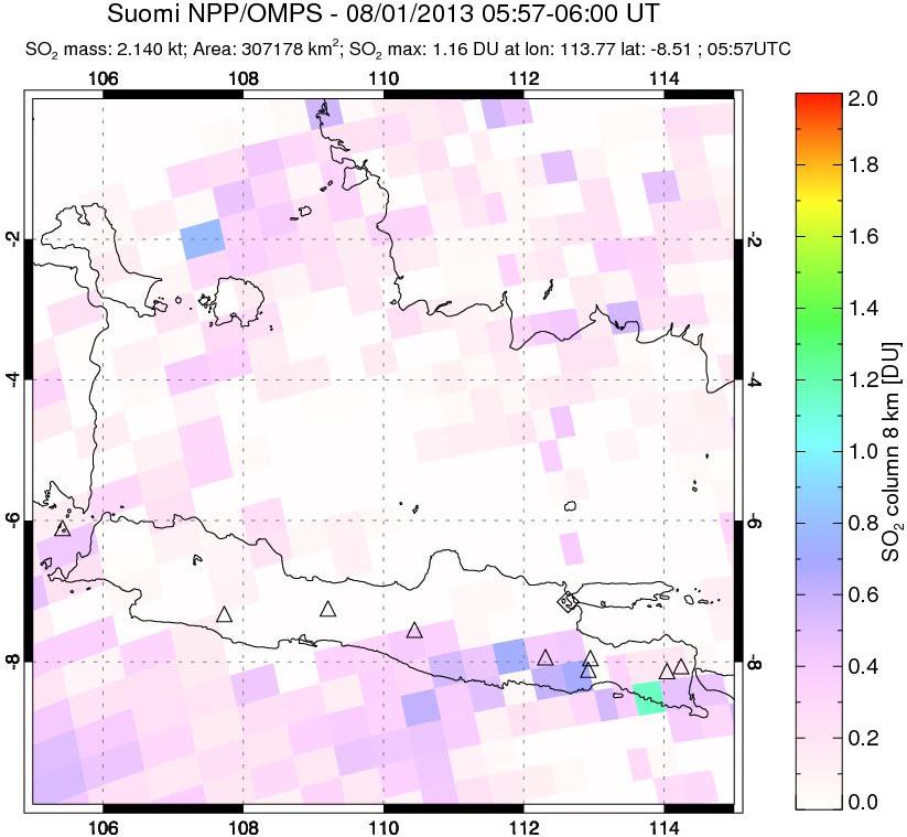 A sulfur dioxide image over Java, Indonesia on Aug 01, 2013.