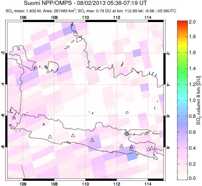 A sulfur dioxide image over Java, Indonesia on Aug 02, 2013.