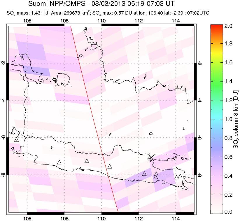 A sulfur dioxide image over Java, Indonesia on Aug 03, 2013.