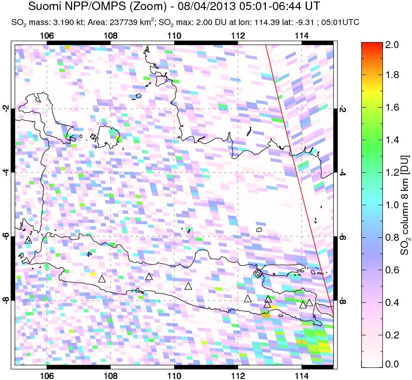 A sulfur dioxide image over Java, Indonesia on Aug 04, 2013.