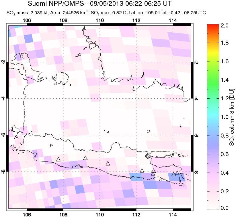 A sulfur dioxide image over Java, Indonesia on Aug 05, 2013.