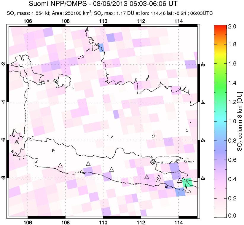 A sulfur dioxide image over Java, Indonesia on Aug 06, 2013.