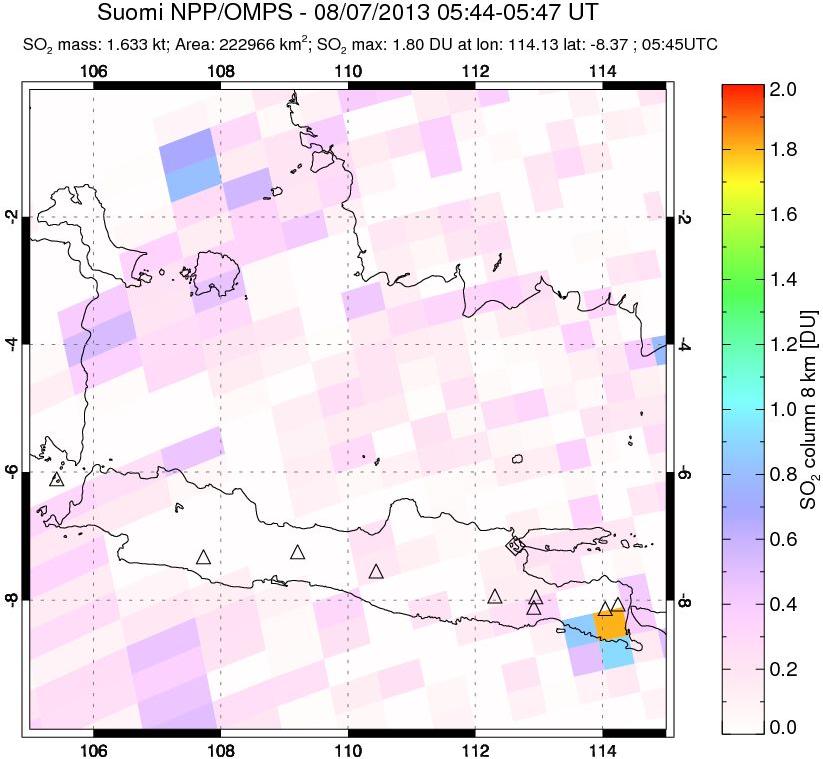 A sulfur dioxide image over Java, Indonesia on Aug 07, 2013.