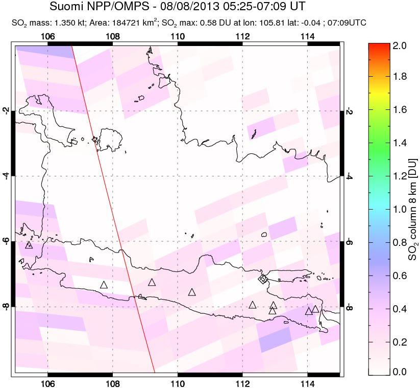 A sulfur dioxide image over Java, Indonesia on Aug 08, 2013.