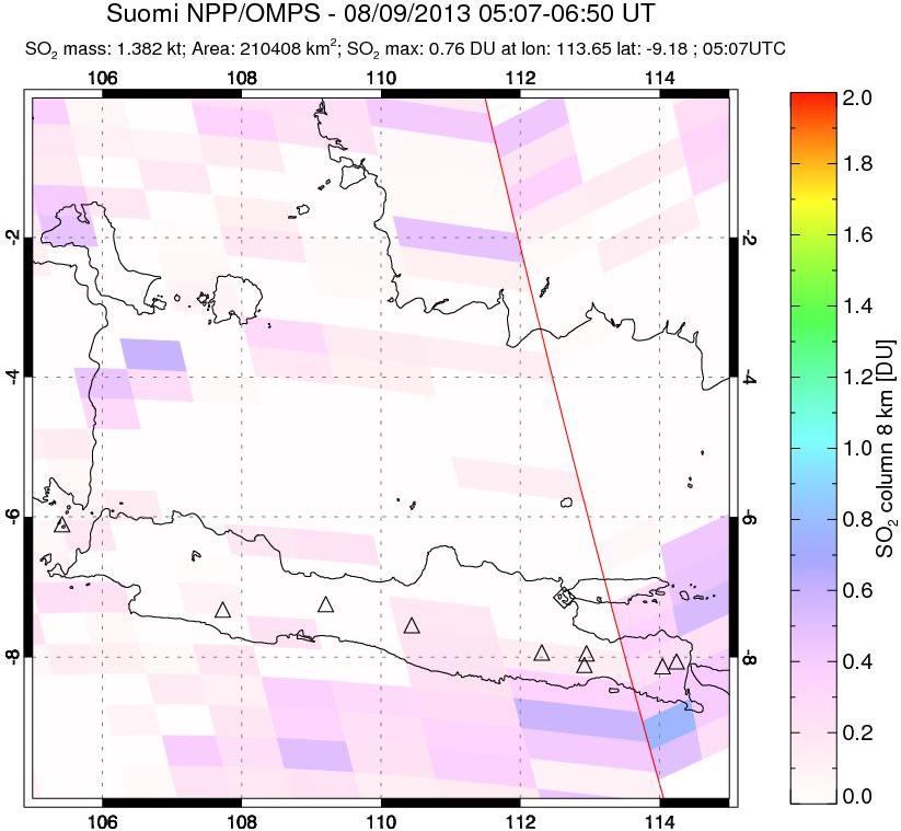 A sulfur dioxide image over Java, Indonesia on Aug 09, 2013.