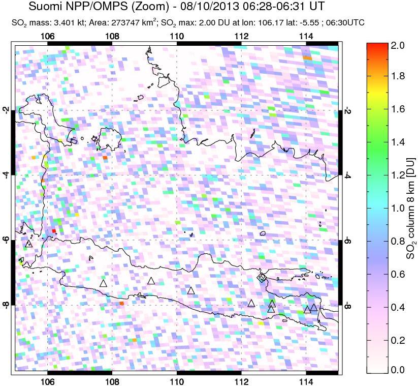 A sulfur dioxide image over Java, Indonesia on Aug 10, 2013.