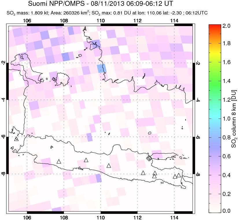 A sulfur dioxide image over Java, Indonesia on Aug 11, 2013.