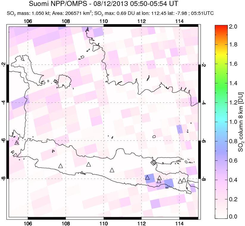 A sulfur dioxide image over Java, Indonesia on Aug 12, 2013.