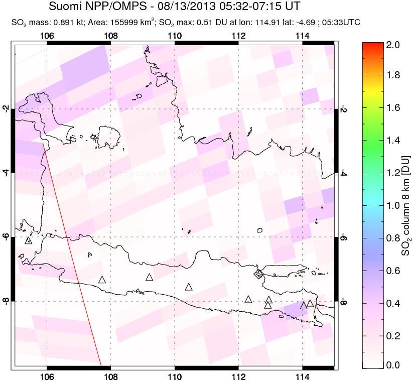 A sulfur dioxide image over Java, Indonesia on Aug 13, 2013.