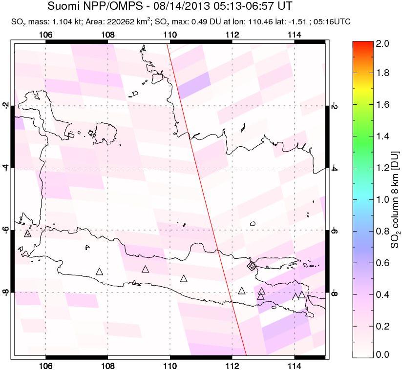 A sulfur dioxide image over Java, Indonesia on Aug 14, 2013.