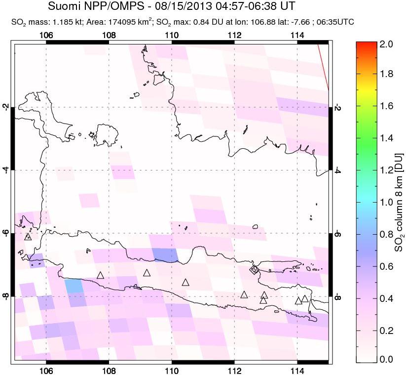 A sulfur dioxide image over Java, Indonesia on Aug 15, 2013.